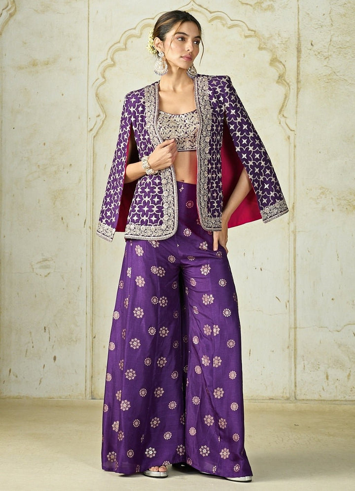Gopi Vaid Purple Tussar Blouse Sharara Set With JacketFabilicious Fashion