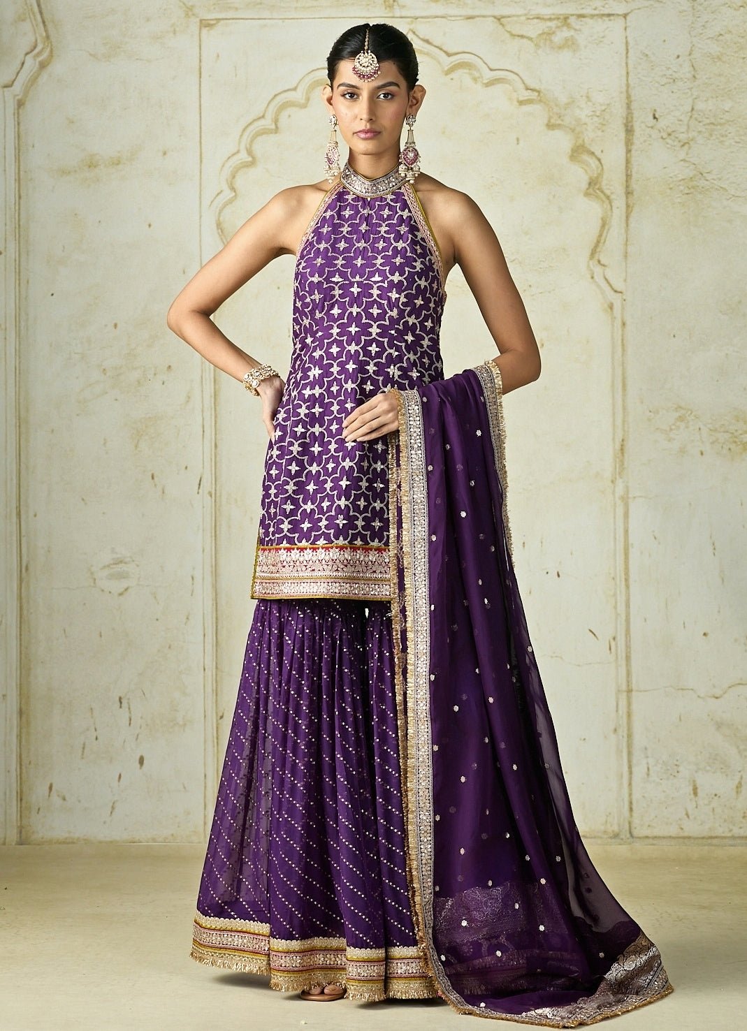Gopi Vaid Purple Tussar Halter Kurta Sharara SetFabilicious Fashion