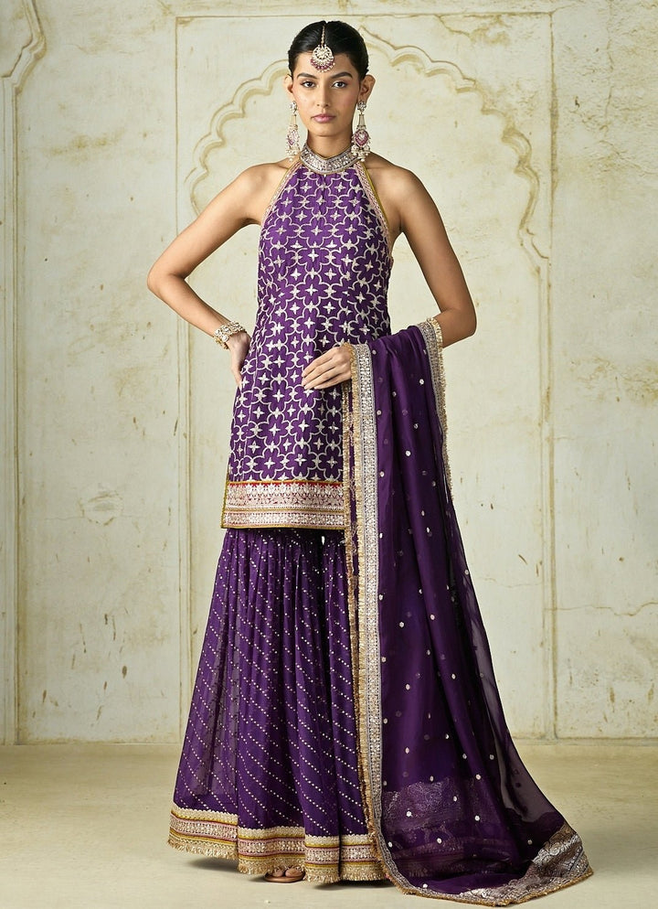 Gopi Vaid Purple Tussar Halter Kurta Sharara SetFabilicious Fashion