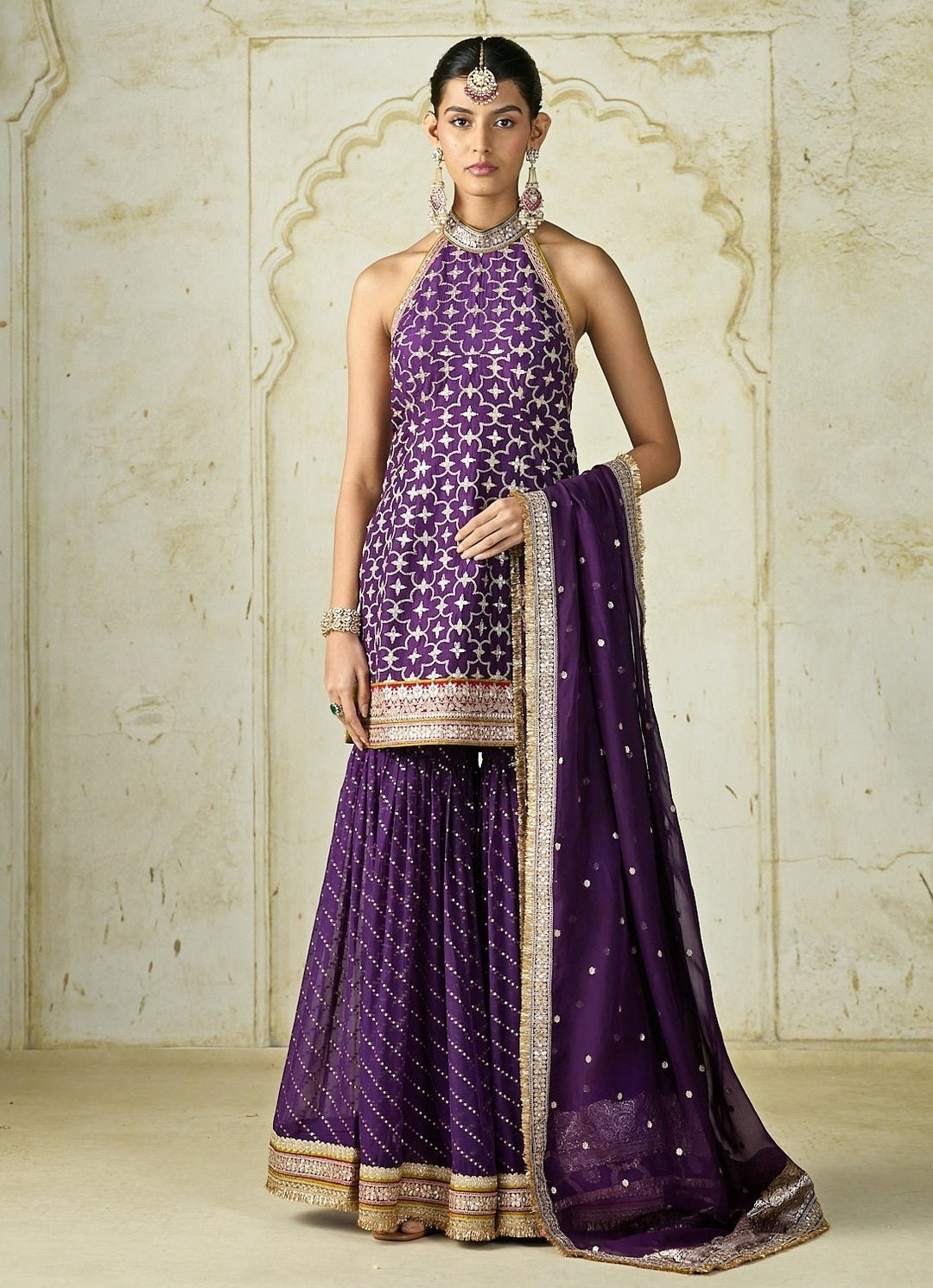 Gopi Vaid Purple Tussar Halter Kurta Sharara SetFabilicious Fashion
