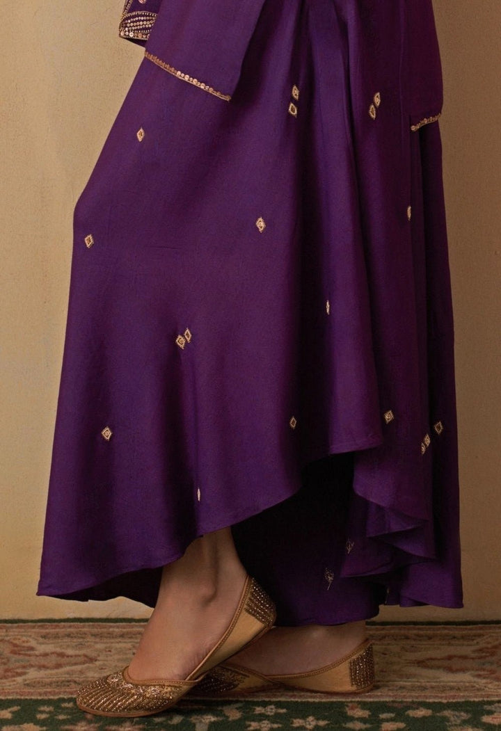 Purple Tussar Kurta With Divided Skirt Set Prevasu - Fabilicious Fashion