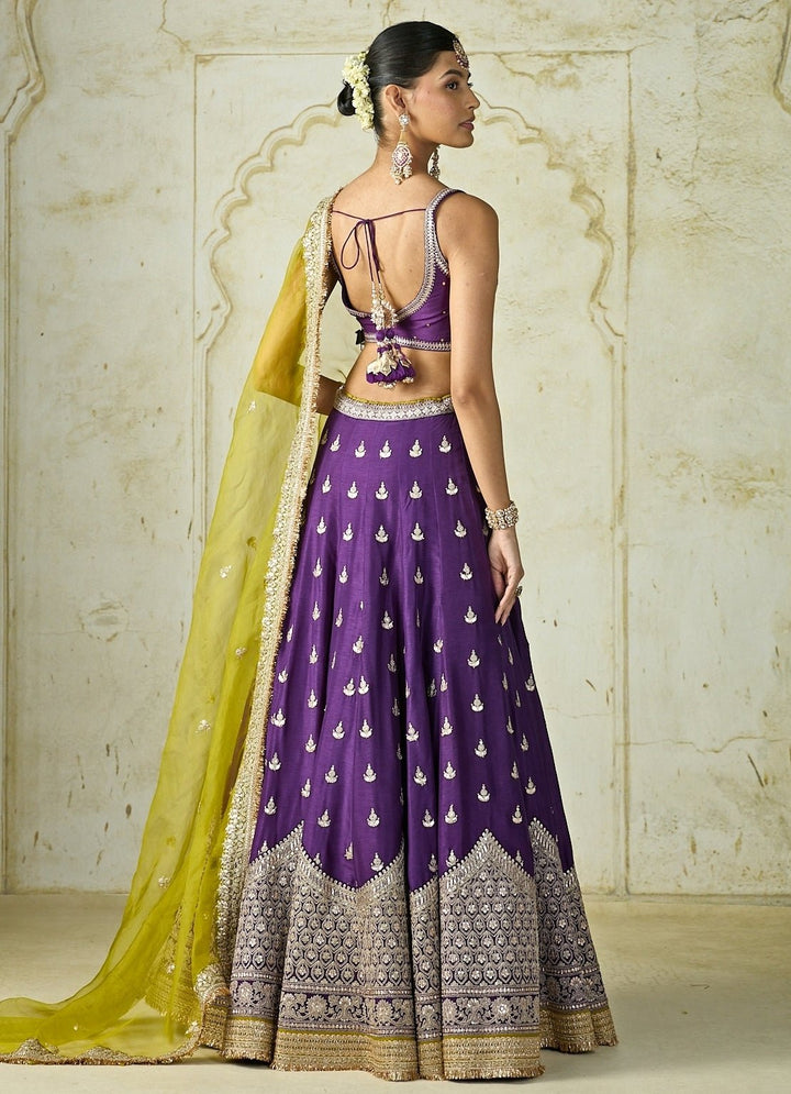 Gopi Vaid Purple Tussar Lehenga Set With Lime DupattaFabilicious Fashion