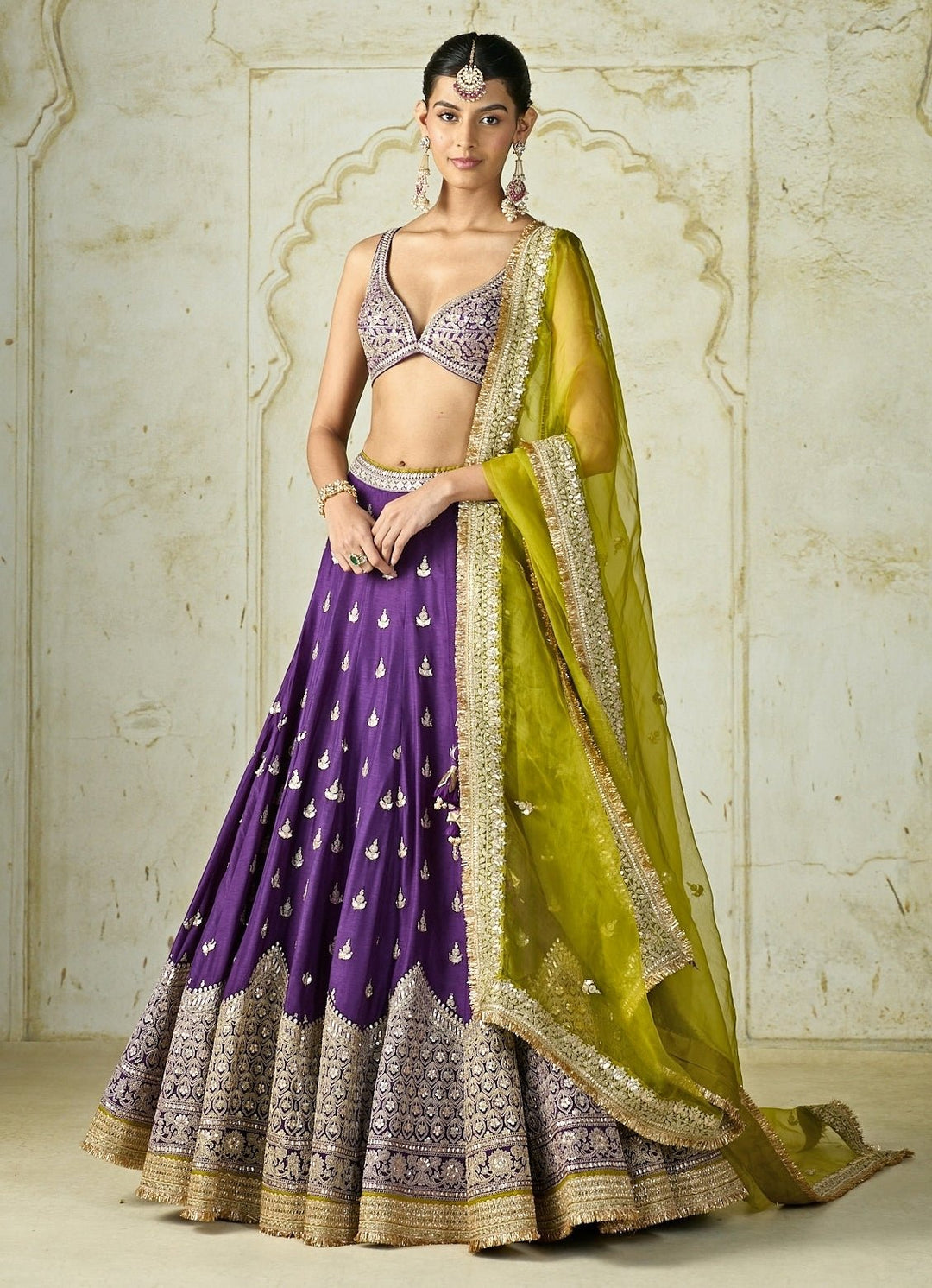 Gopi Vaid Purple Tussar Lehenga Set With Lime DupattaFabilicious Fashion