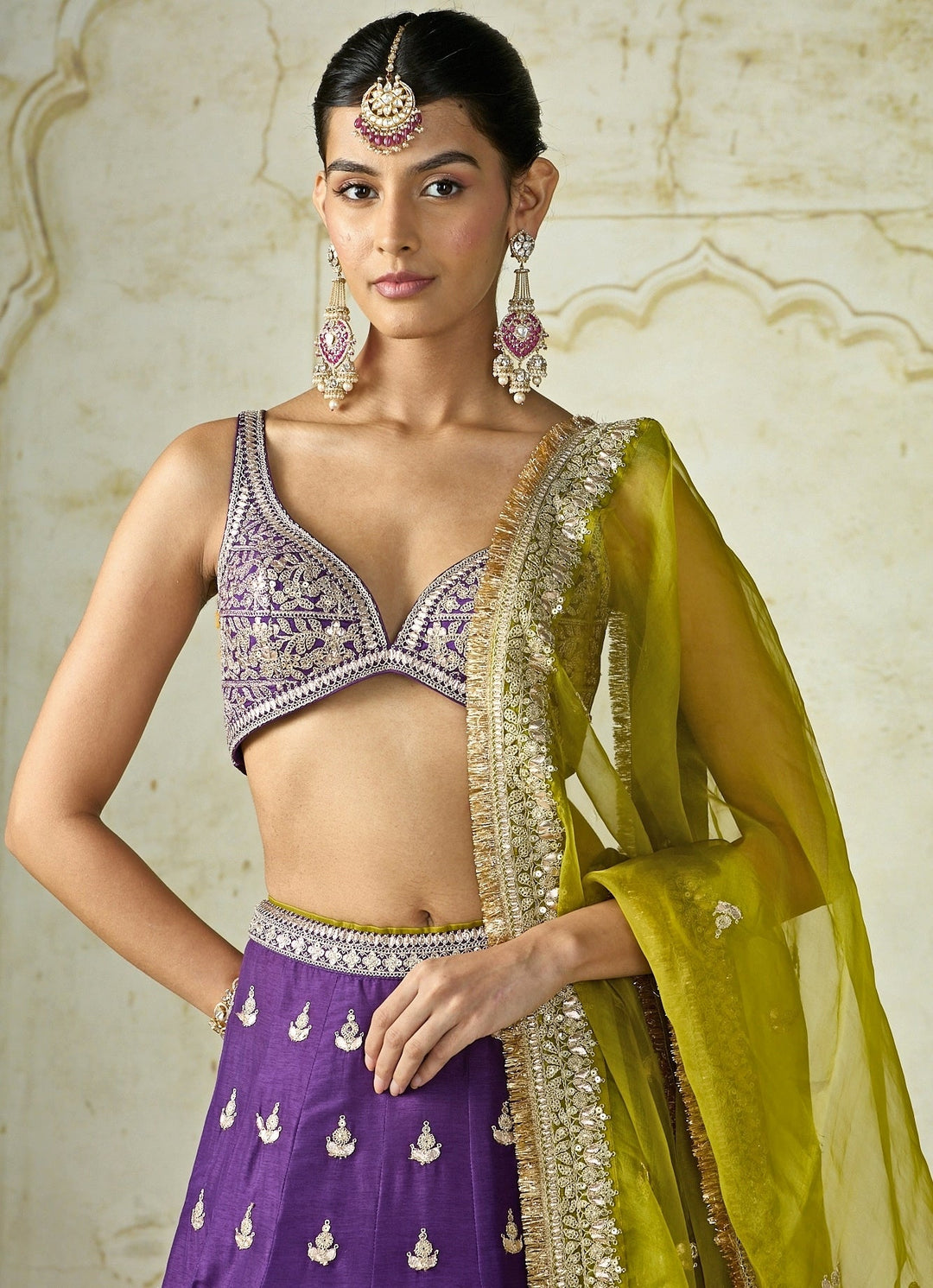 Gopi Vaid Purple Tussar Lehenga Set With Lime DupattaFabilicious Fashion