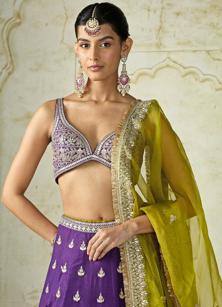 Gopi Vaid Purple Tussar Lehenga Set With Lime DupattaFabilicious Fashion