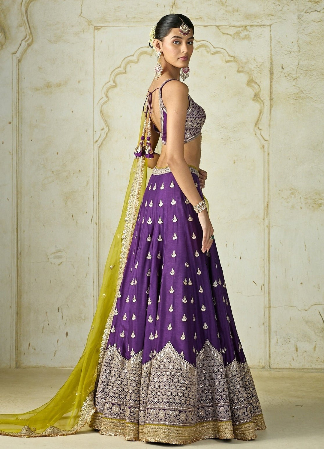Gopi Vaid Purple Tussar Lehenga Set With Lime DupattaFabilicious Fashion