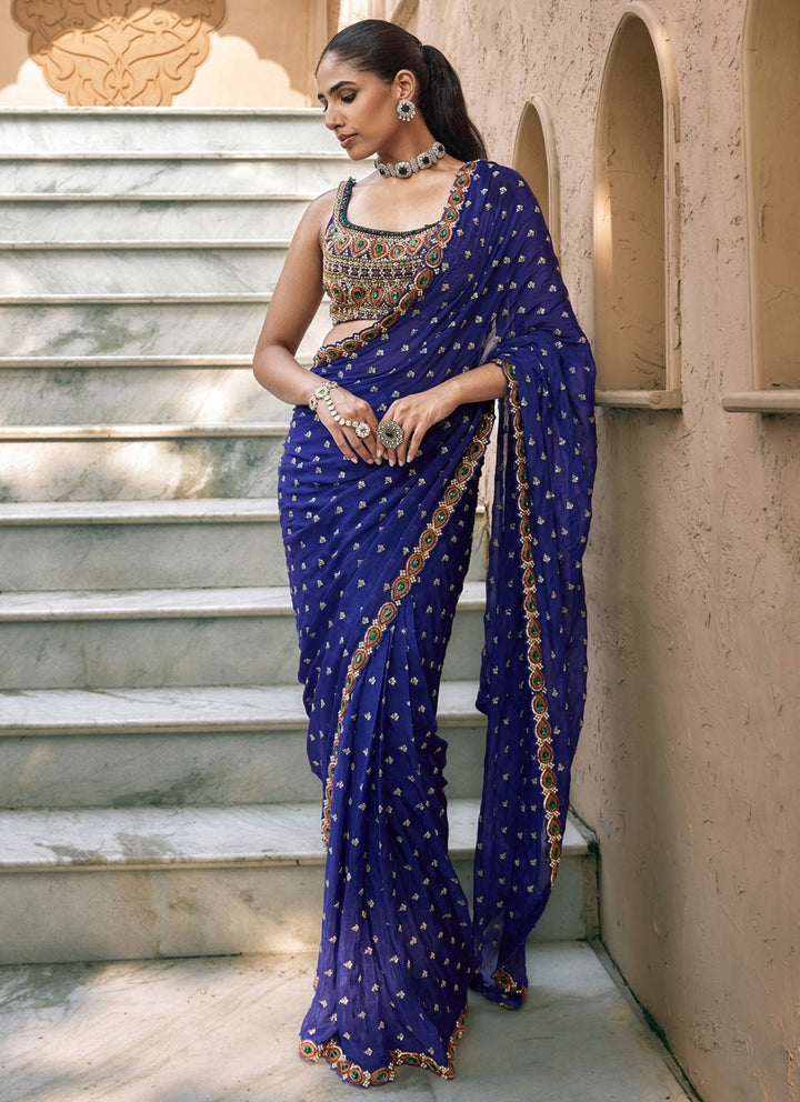 Nidhika Shekhar Purplish Blue Embroidered Chiffon Saree SetFabilicious Fashion