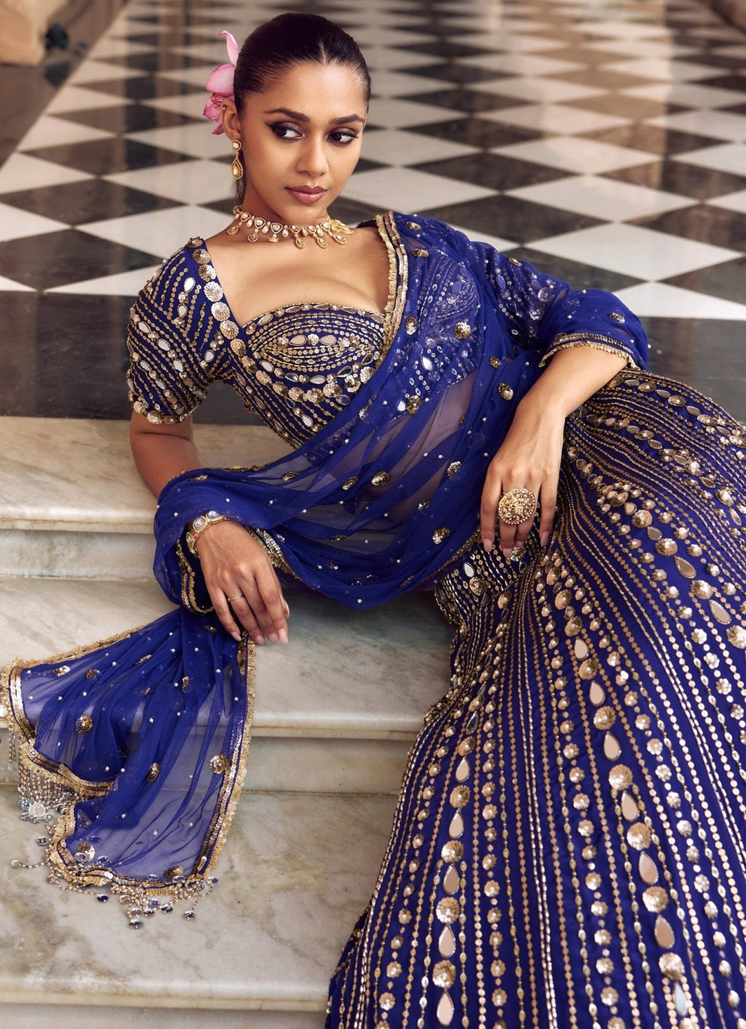 Nidhika Shekhar Purplish Blue Embroidered Crepe Bridal Lehenga SetFabilicious Fashion