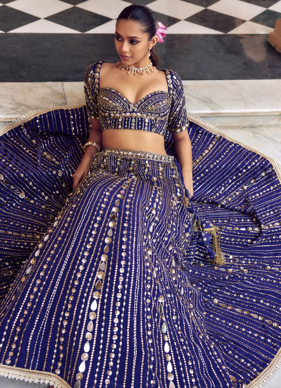 Nidhika Shekhar Purplish Blue Embroidered Crepe Bridal Lehenga SetFabilicious Fashion