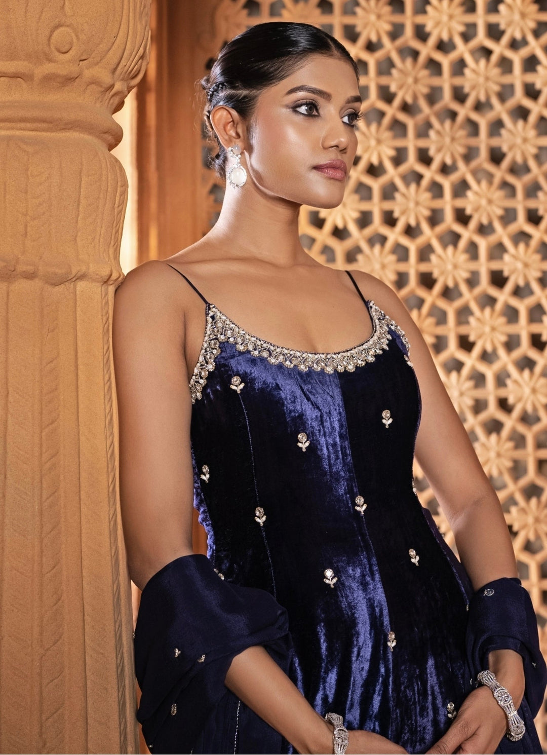 Purplish Blue Embroidered Velvet Kurta Set Enamour by Radha - Fabilicious Fashion