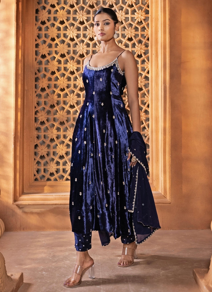 Purplish Blue Embroidered Velvet Kurta Set Enamour by Radha - Fabilicious Fashion