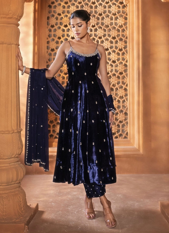 Purplish Blue Embroidered Velvet Kurta Set Enamour by Radha - Fabilicious Fashion