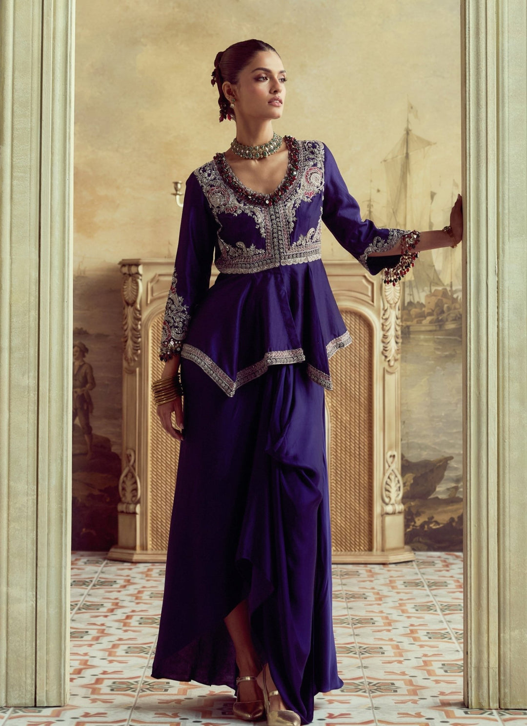 Prisho Purplish Blue Satin Drape Skirt With Peplum TopFabilicious Fashion