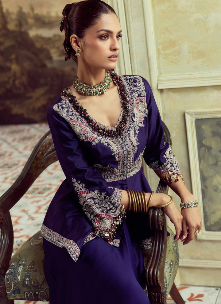 Prisho Purplish Blue Satin Drape Skirt With Peplum TopFabilicious Fashion