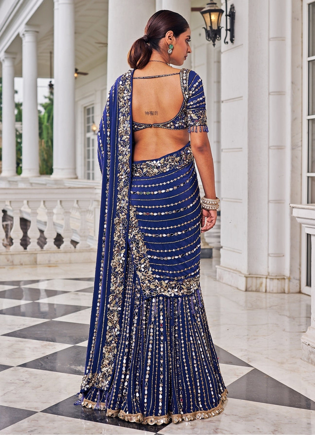 Purplish Blue Sequinned Crepe Predraped Saree Set Nidhika Shekar - Fabilicious Fashion