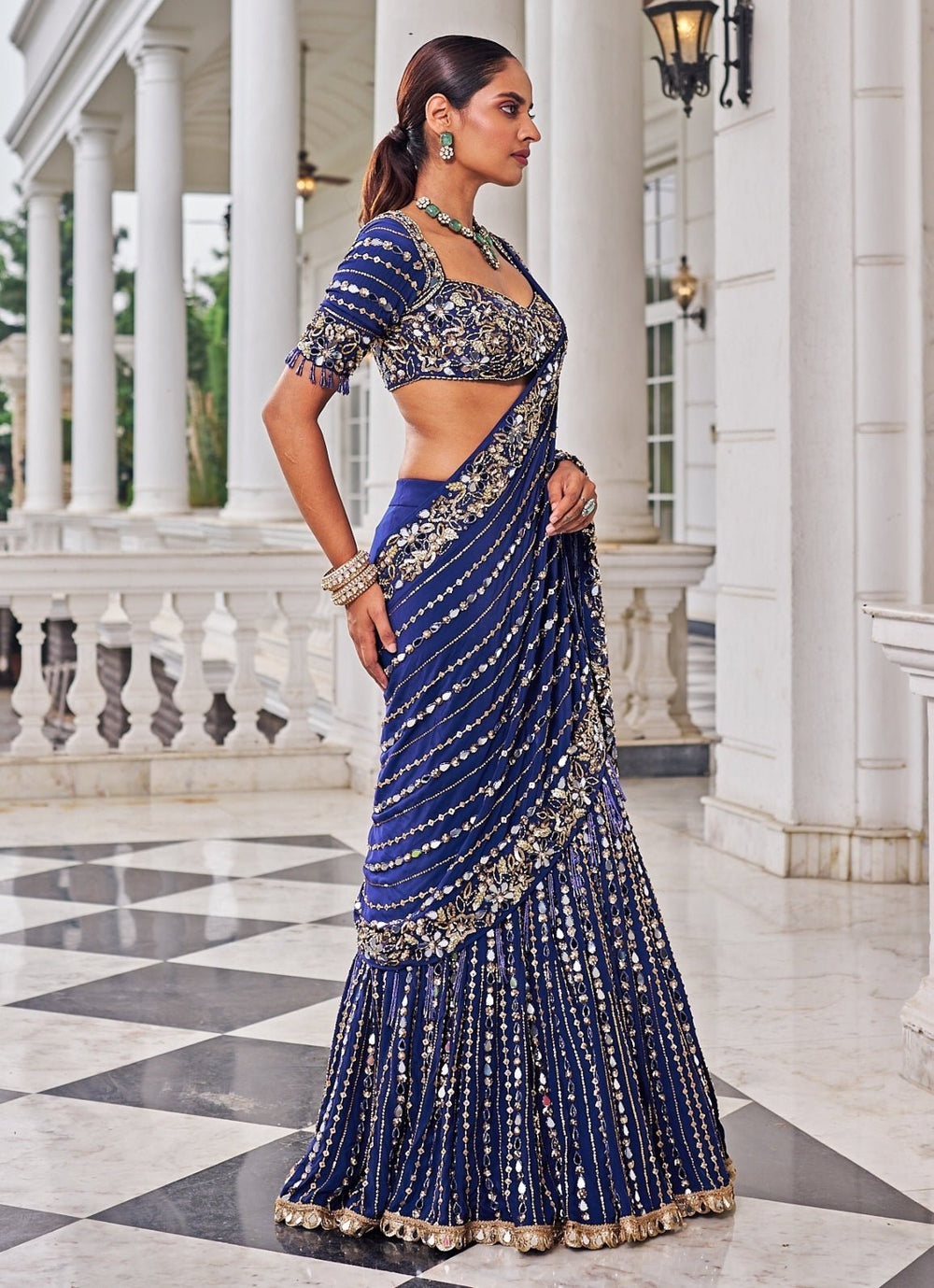 Purplish Blue Sequinned Crepe Predraped Saree Set Nidhika Shekar - Fabilicious Fashion