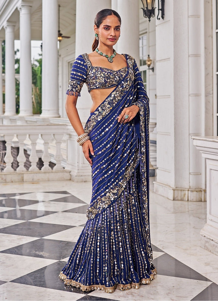 Purplish Blue Sequinned Crepe Predraped Saree Set Nidhika Shekar - Fabilicious Fashion