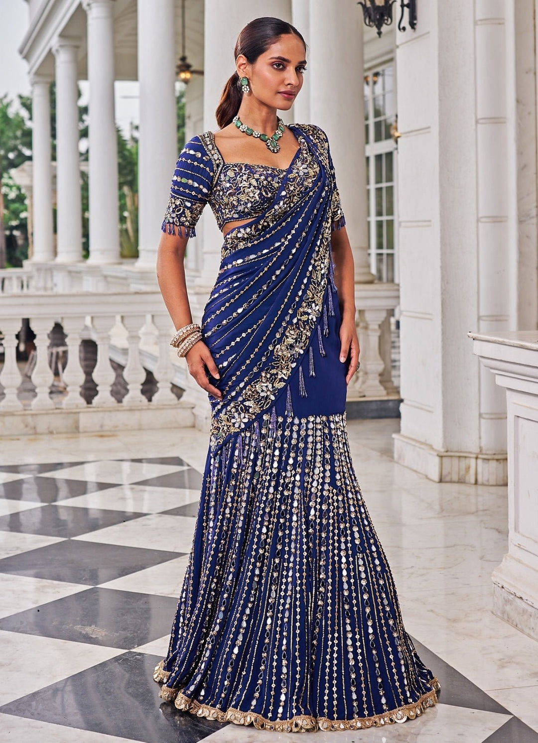 Purplish Blue Sequinned Crepe Predraped Saree Set Nidhika Shekar - Fabilicious Fashion