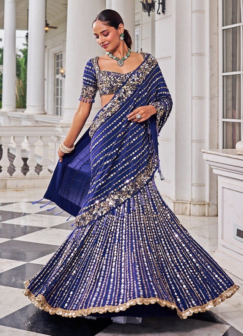 Purplish Blue Sequinned Crepe Predraped Saree Set Nidhika Shekar - Fabilicious Fashion