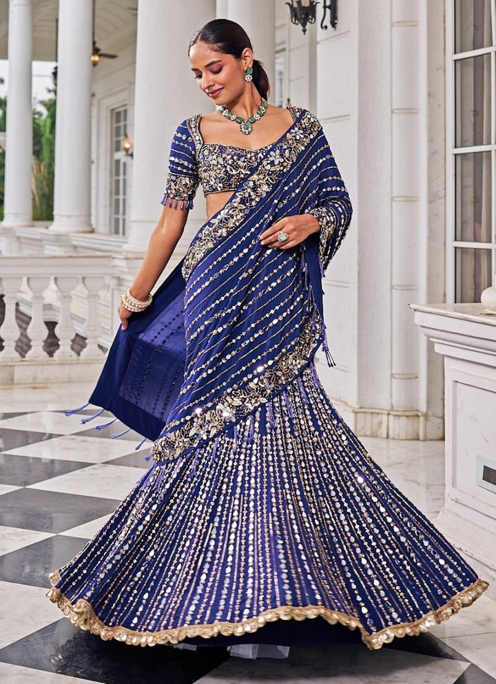 Purplish Blue Sequinned Crepe Predraped Saree Set Nidhika Shekar - Fabilicious Fashion