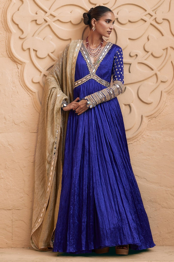 Nidhika Shekhar purplish blue wrinkle anarkali set for mother of the groom at a sangeet