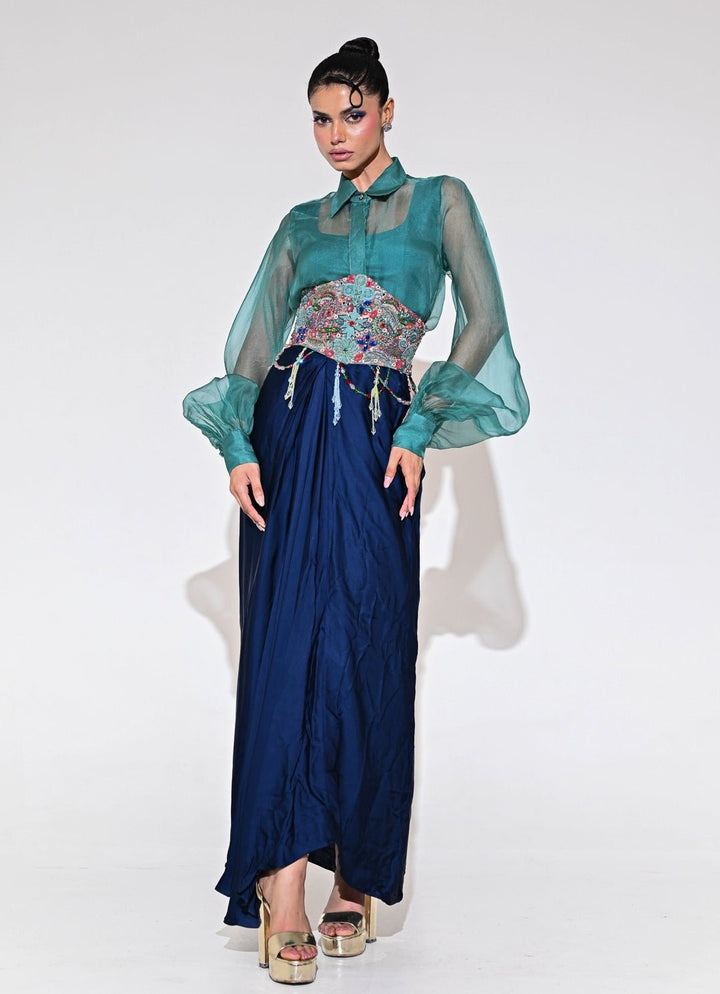 Rama Green And Blue Skirt Set With Shirt And Corset Belt Juhi Bengani - Fabilicious Fashion