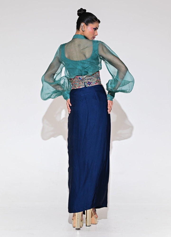Rama Green And Blue Skirt Set With Shirt And Corset Belt Juhi Bengani - Fabilicious Fashion