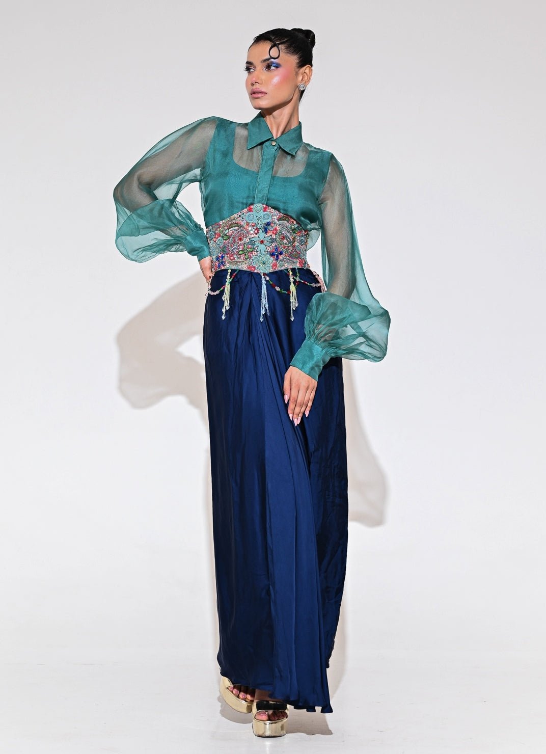 Rama Green And Blue Skirt Set With Shirt And Corset Belt Juhi Bengani - Fabilicious Fashion