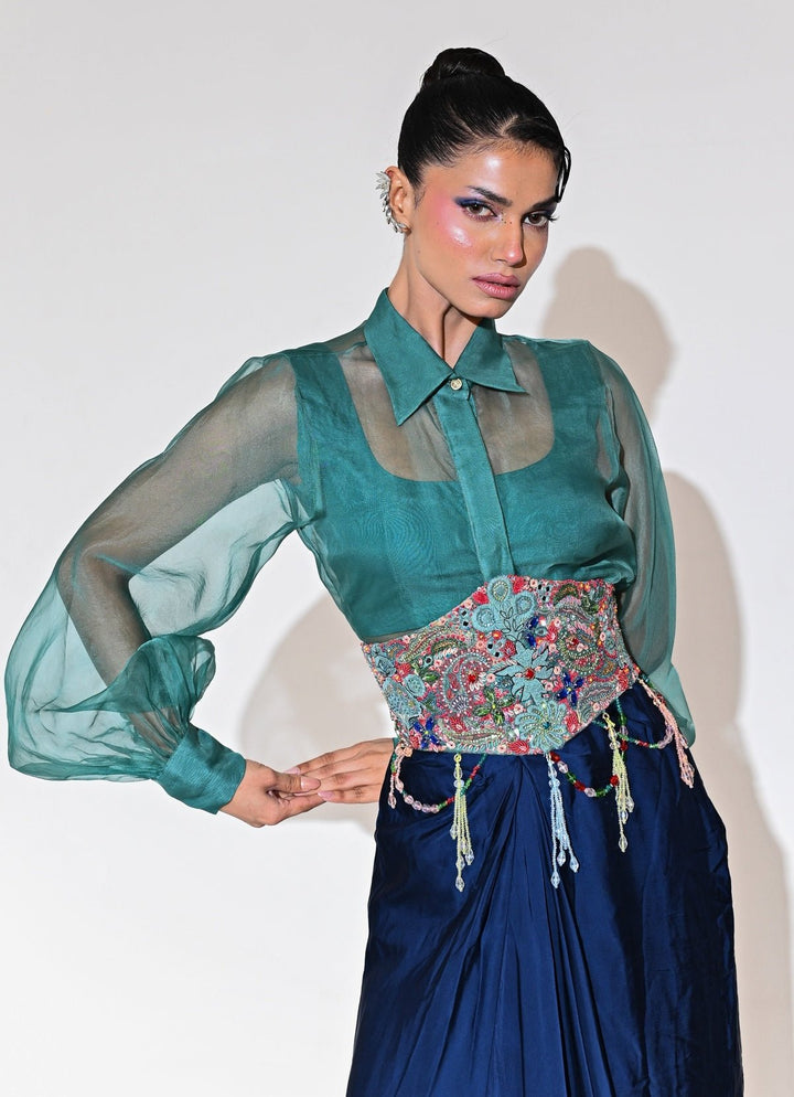 Rama Green And Blue Skirt Set With Shirt And Corset Belt Juhi Bengani - Fabilicious Fashion