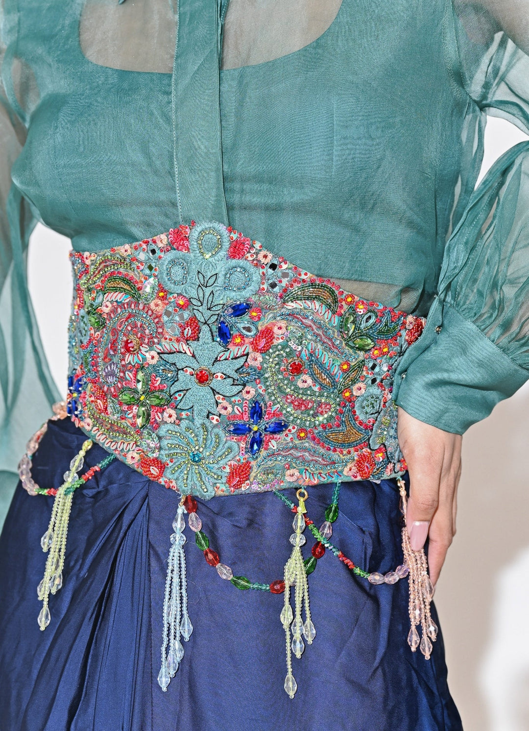 Rama Green And Blue Skirt Set With Shirt And Corset Belt Juhi Bengani - Fabilicious Fashion
