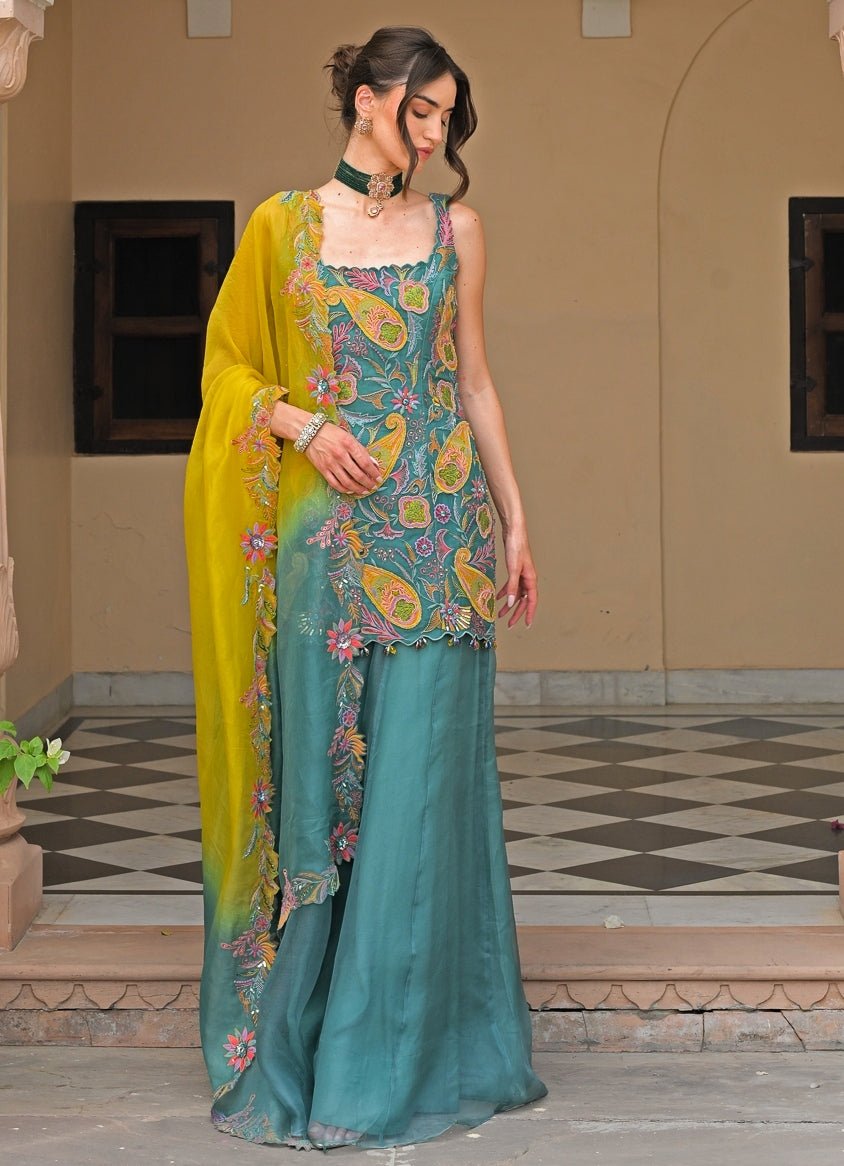 Rama Green And Yellow Organza Kurta Pants Set Juhi Bengani - Fabilicious Fashion