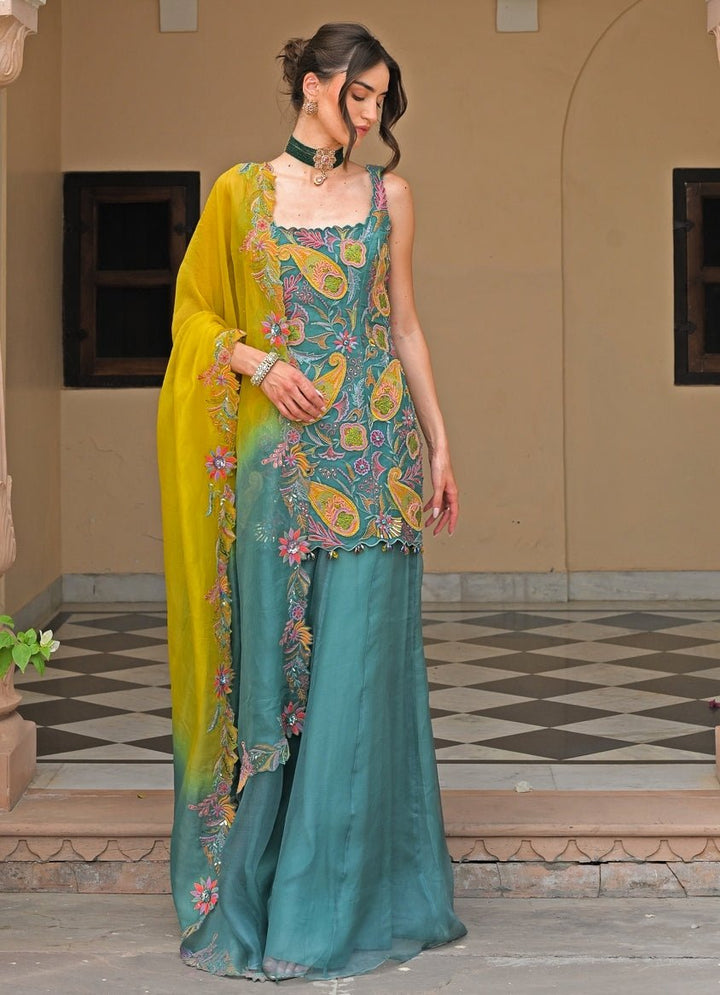 Rama Green And Yellow Organza Kurta Pants Set Juhi Bengani - Fabilicious Fashion