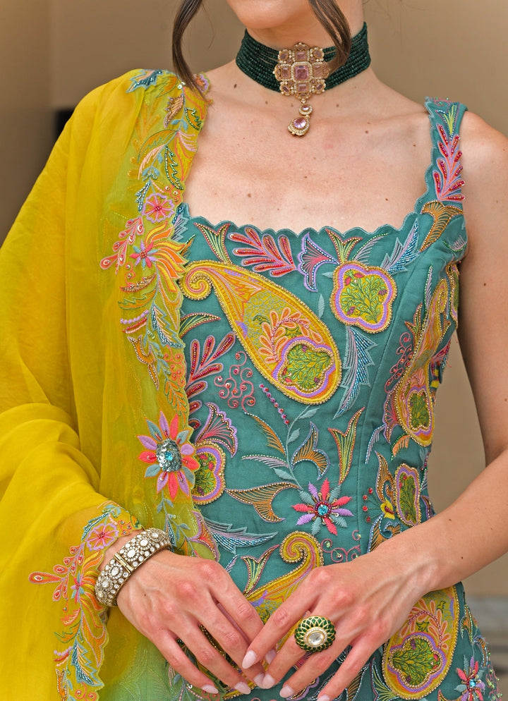 Rama Green And Yellow Organza Kurta Pants Set Juhi Bengani - Fabilicious Fashion