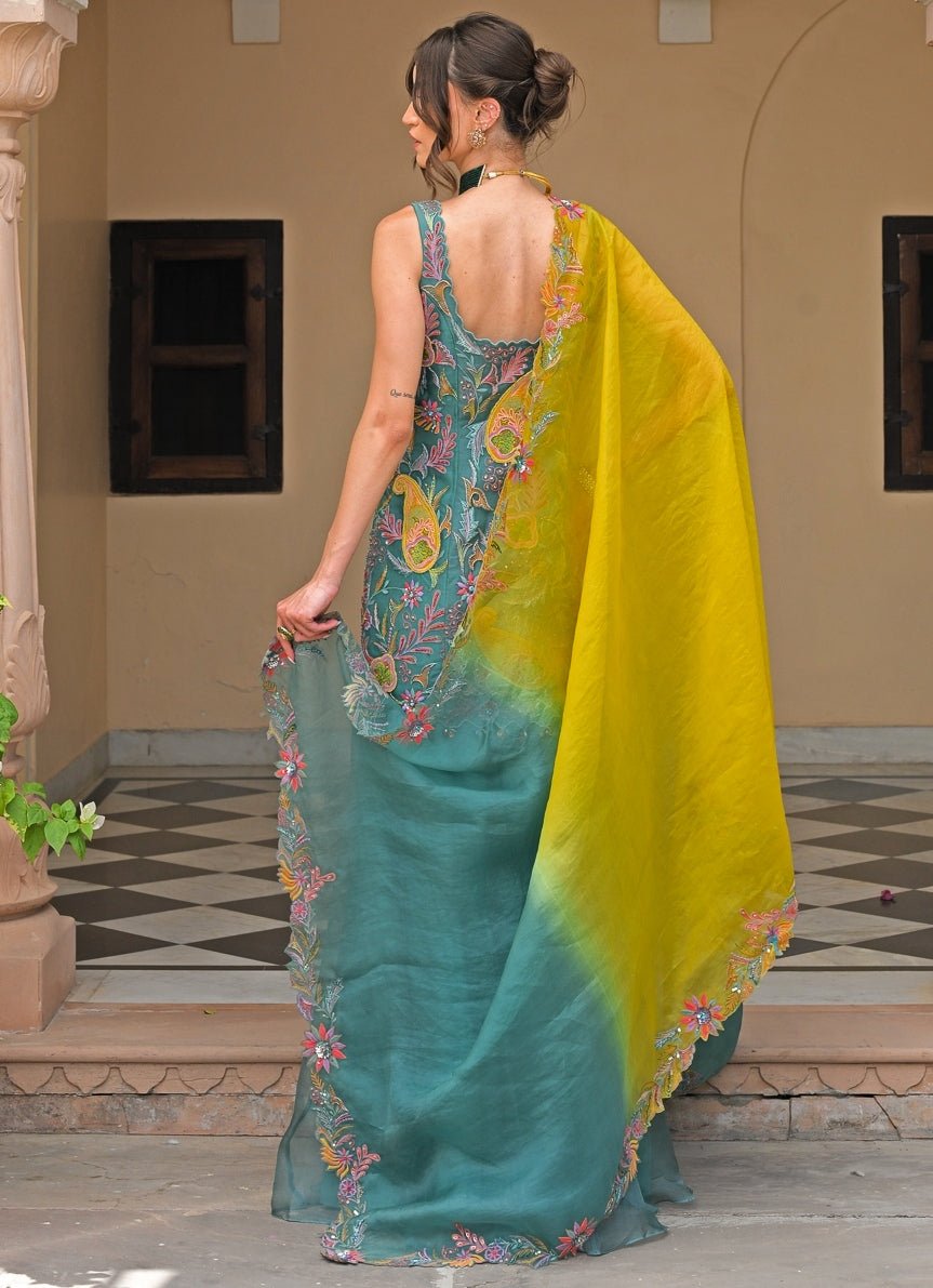 Rama Green And Yellow Organza Kurta Pants Set Juhi Bengani - Fabilicious Fashion