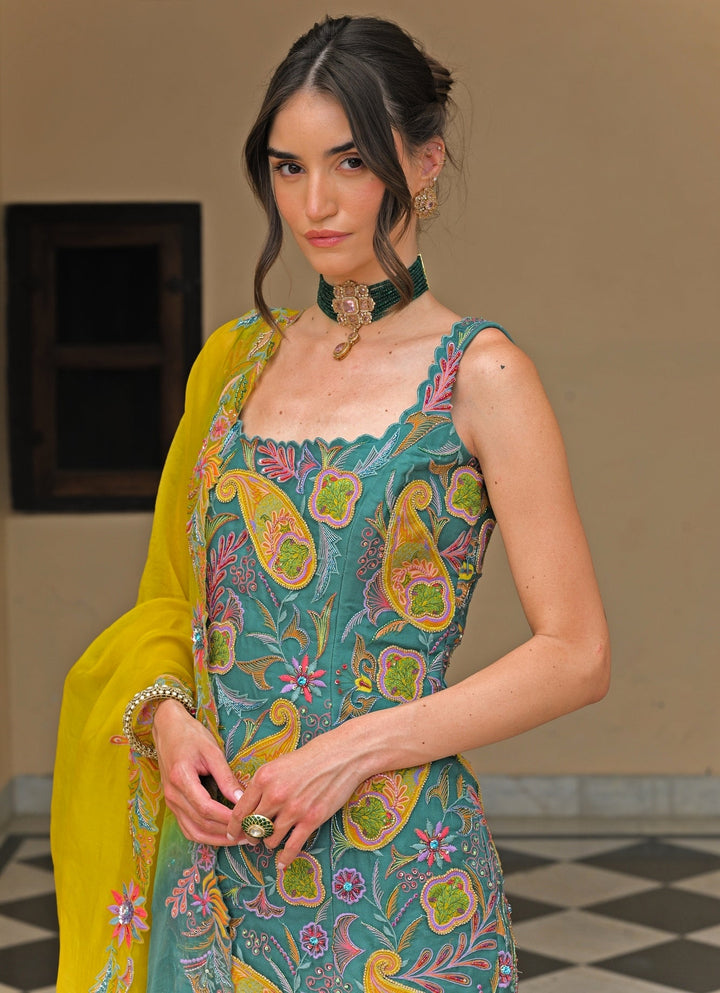 Rama Green And Yellow Organza Kurta Pants Set Juhi Bengani - Fabilicious Fashion