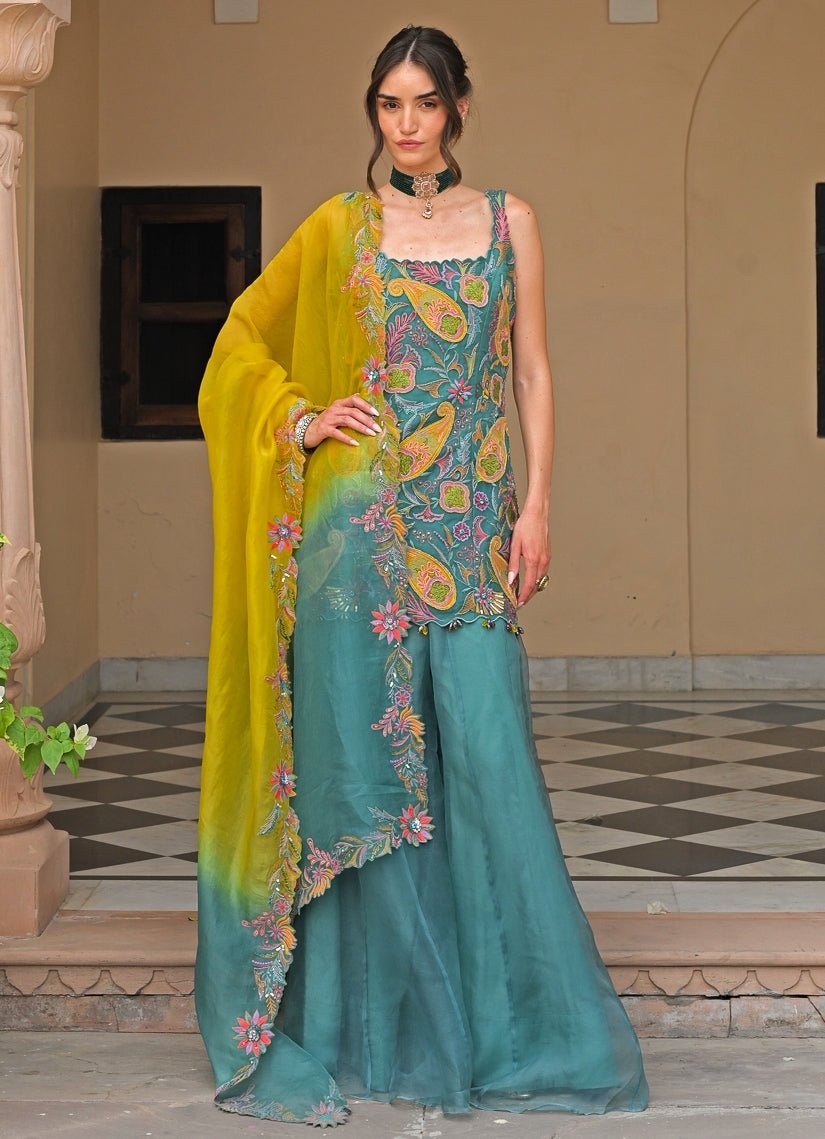 Rama Green And Yellow Organza Kurta Pants Set Juhi Bengani - Fabilicious Fashion