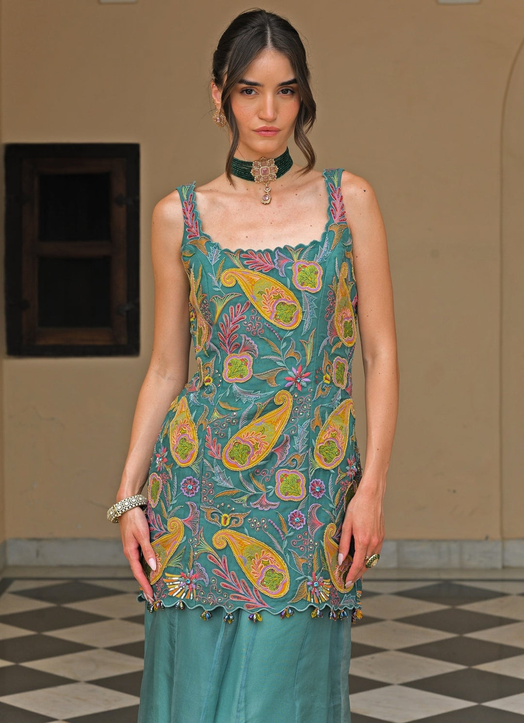 Rama Green And Yellow Organza Kurta Pants Set Juhi Bengani - Fabilicious Fashion