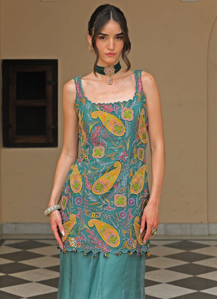Rama Green And Yellow Organza Kurta Pants Set Juhi Bengani - Fabilicious Fashion