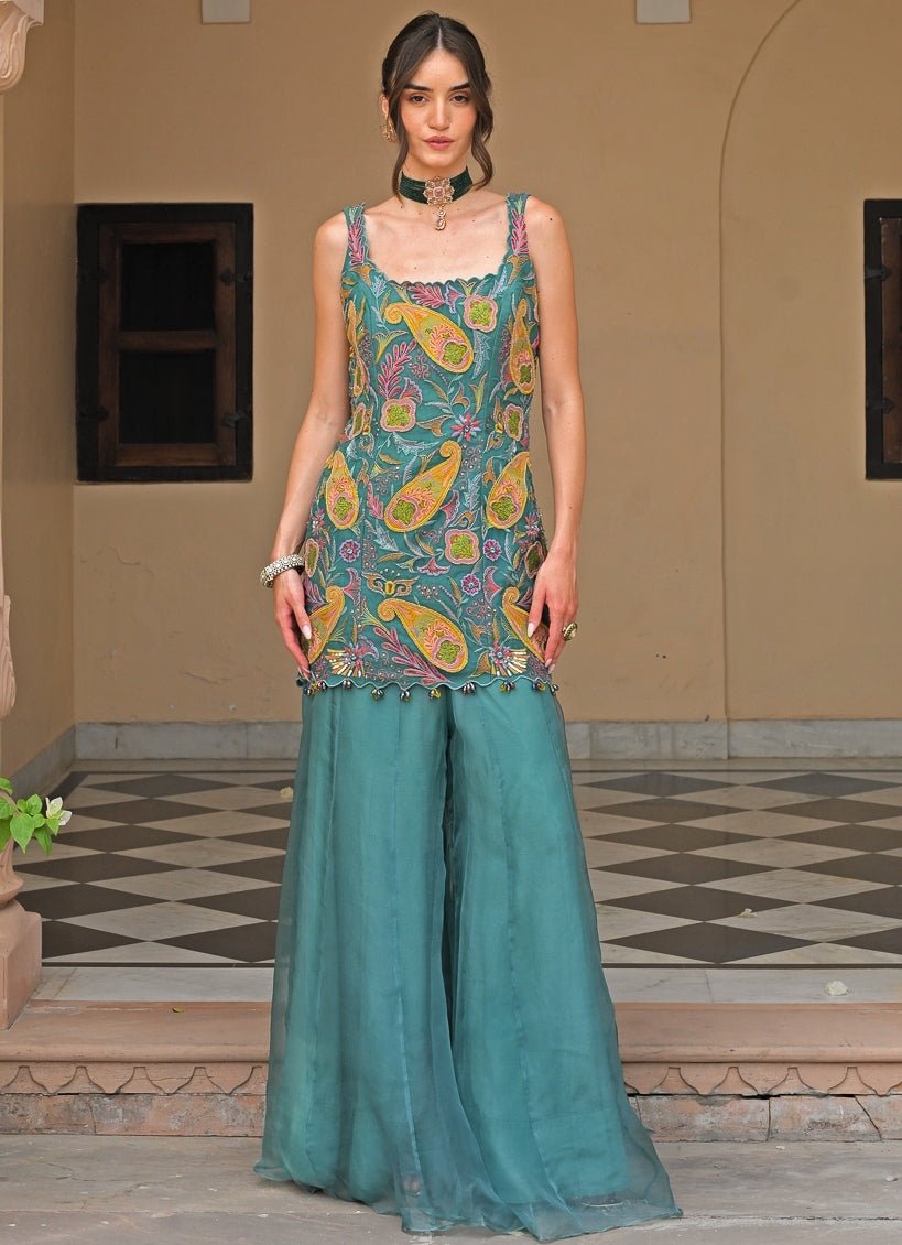 Rama Green And Yellow Organza Kurta Pants Set Juhi Bengani - Fabilicious Fashion