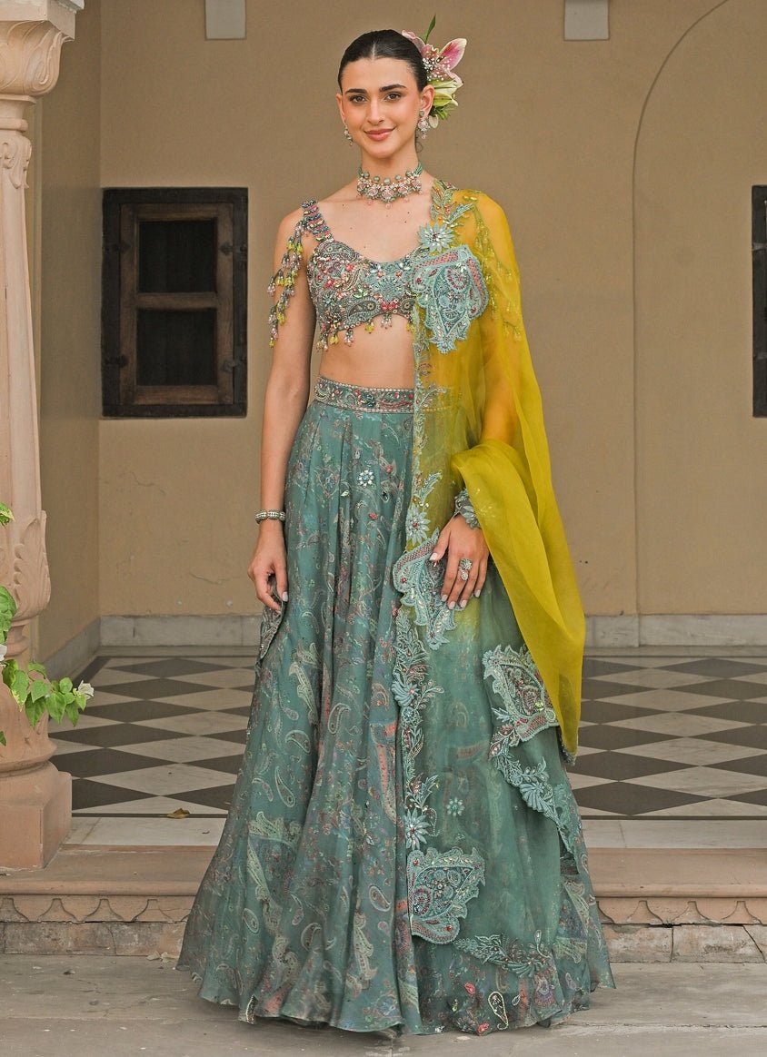 Rama Green And Yellow Organza Lehenga Set Juhi Bengani - Fabilicious Fashion
