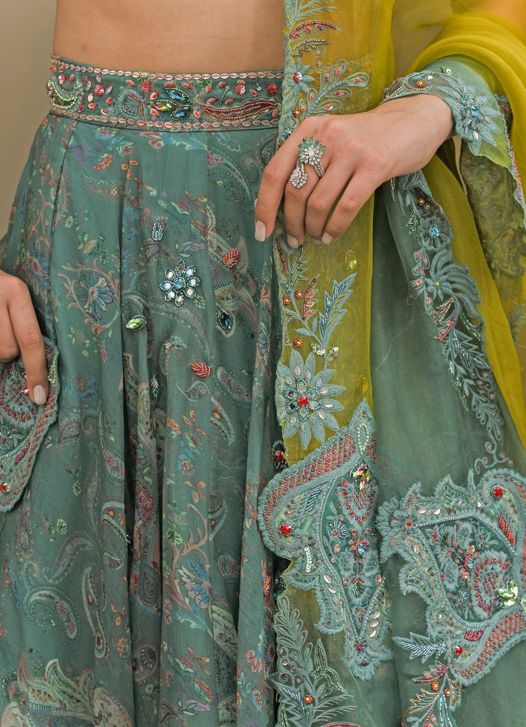 Juhi Bengani Rama Green And Yellow Organza Lehenga SetFabilicious Fashion