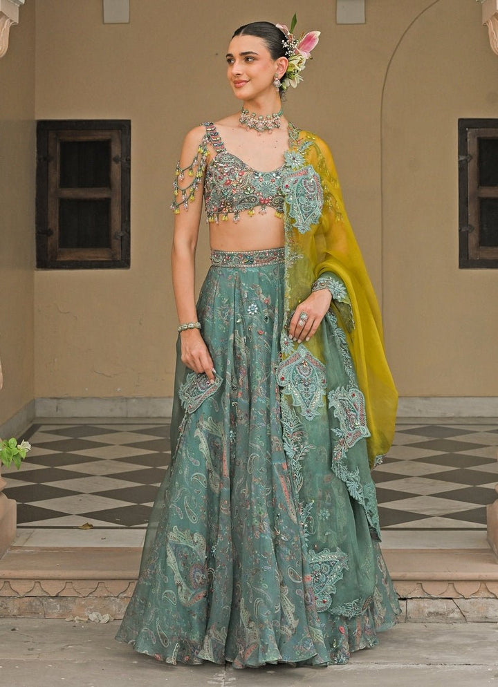 Juhi Bengani Rama Green And Yellow Organza Lehenga SetFabilicious Fashion