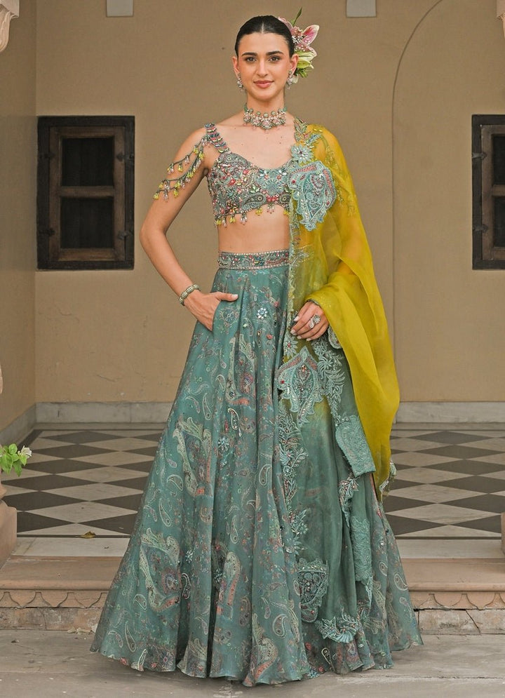 Juhi Bengani Rama Green And Yellow Organza Lehenga SetFabilicious Fashion