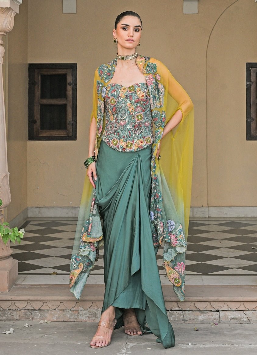Juhi Bengani Rama Green And Yellow Satin Drape Skirt Set With Corset And CapeFabilicious Fashion