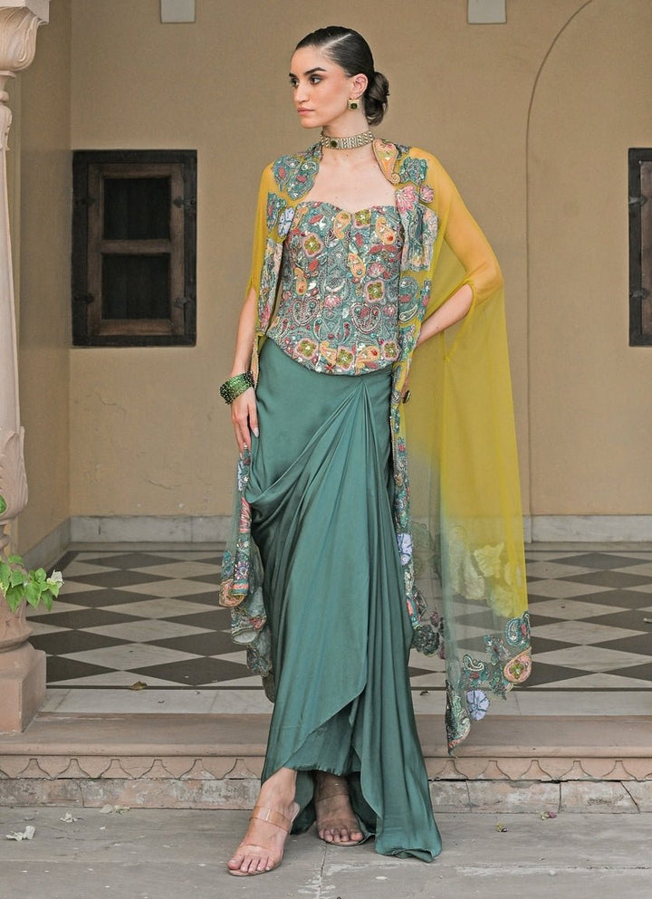 Juhi Bengani Rama Green And Yellow Satin Drape Skirt Set With Corset And CapeFabilicious Fashion