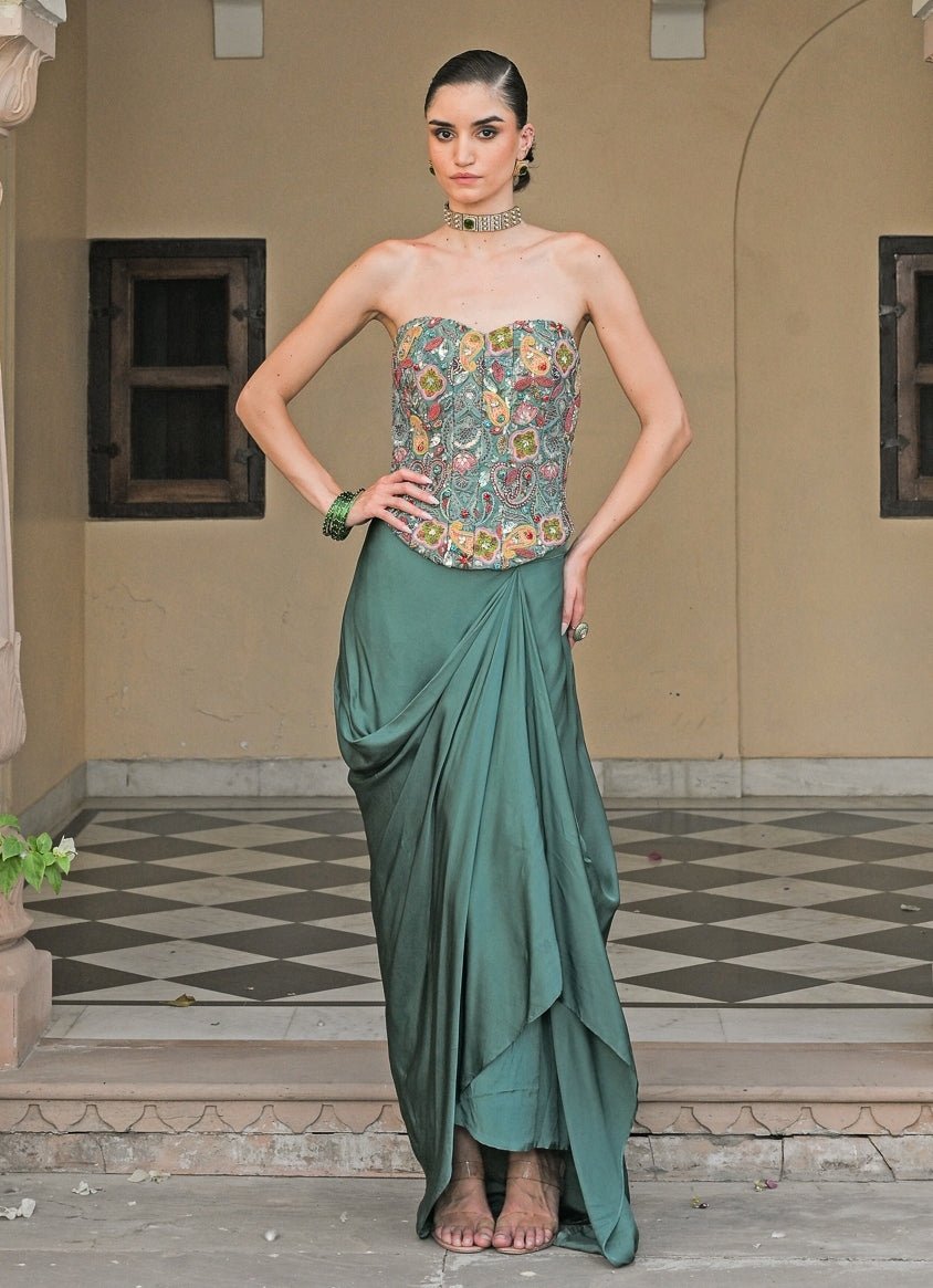 Juhi Bengani Rama Green And Yellow Satin Drape Skirt Set With Corset And CapeFabilicious Fashion