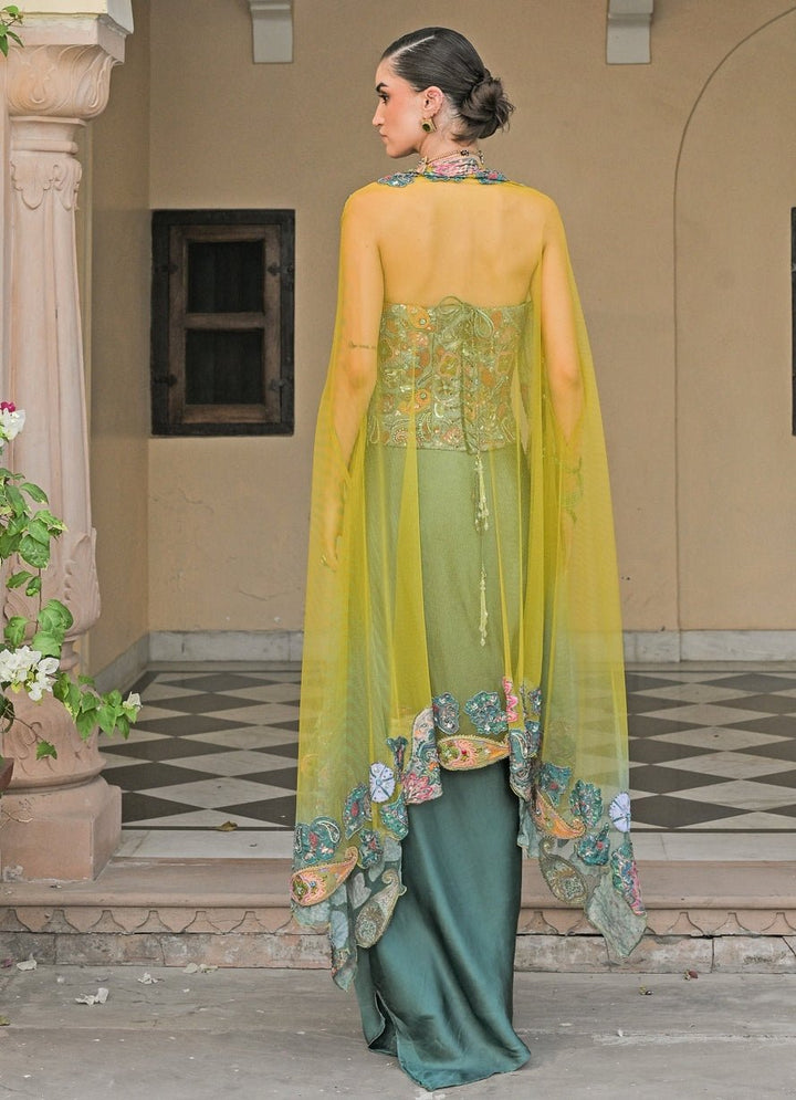 Juhi Bengani Rama Green And Yellow Satin Drape Skirt Set With Corset And CapeFabilicious Fashion