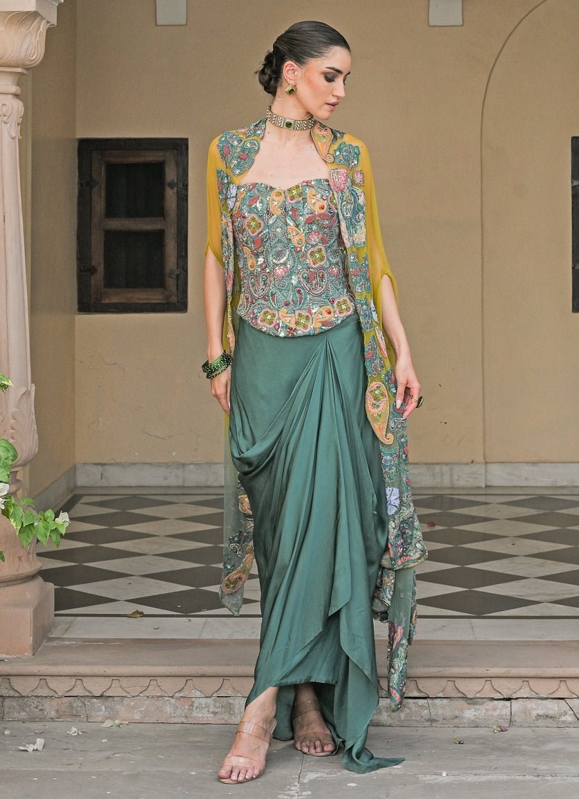 Juhi Bengani Rama Green And Yellow Satin Drape Skirt Set With Corset And CapeFabilicious Fashion