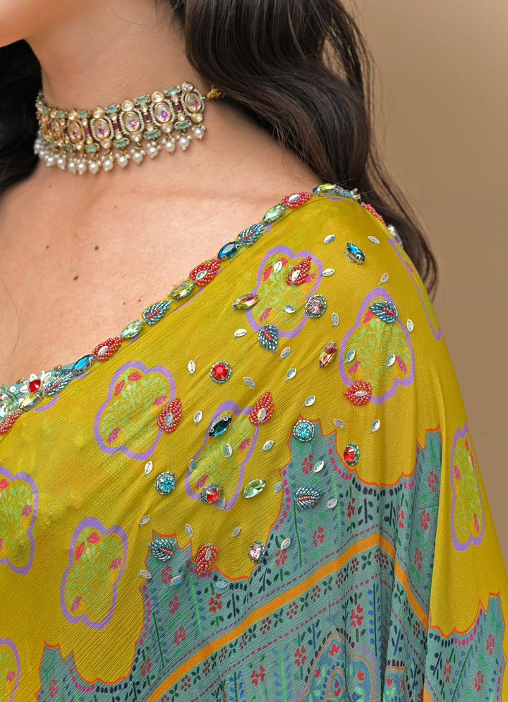 Juhi Bengani Rama Green Chinon Pre - Draped SareeFabilicious Fashion