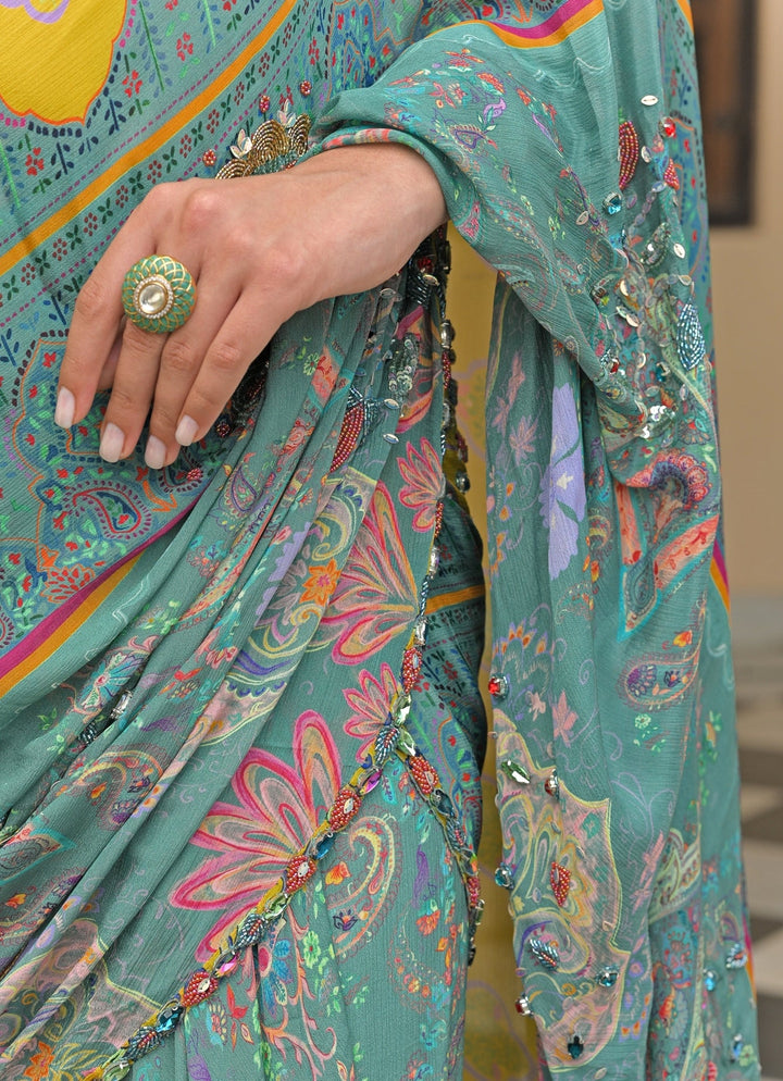 Juhi Bengani Rama Green Chinon Pre - Draped SareeFabilicious Fashion